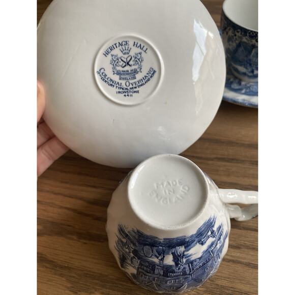 Vintage Staffordshire Heritage Hall Blue And White Ironstone Cups And Saucer - Picture 3 of 5